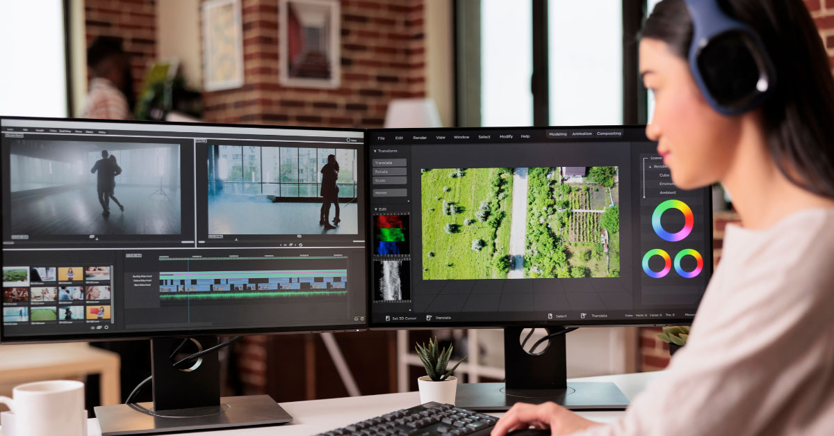 Female video editor working on dual monitors in a media production studio, editing footage and color grading visuals