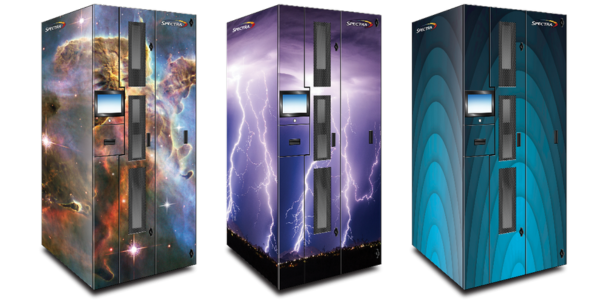 Spectra Logic Spectra Cube compact tape library featuring a custom graphic wrap, ideal for scalable and branded data storage and archiving in enterprise environments