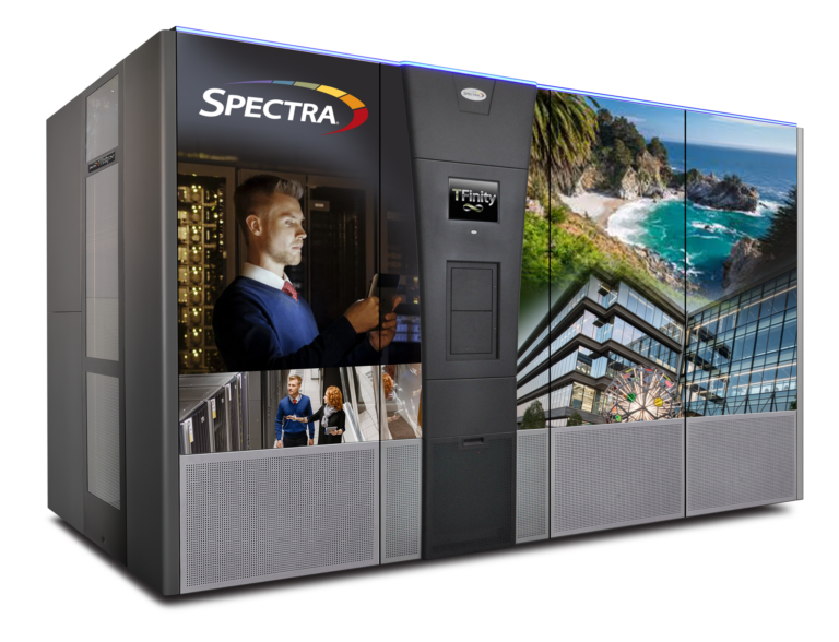 Spectra Logic TFinity 4-Frame Library offering scalable, high-capacity storage with advanced tri-media support for LTO, IBM TS11XX, and Oracle T10000, ideal for large-scale data archiving in demanding enterprise environments