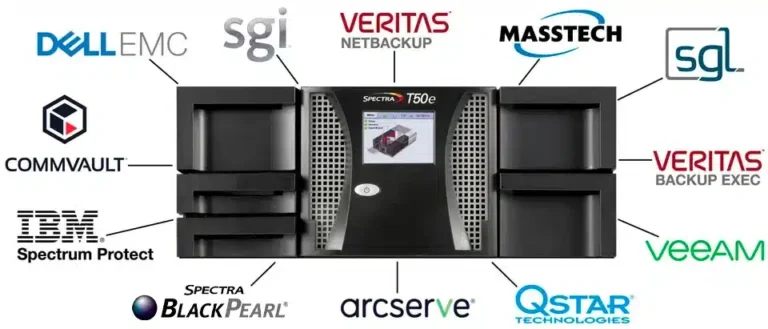 Spectra Logic T50e Tape Library with compatibility logos for flexible data storage solutions