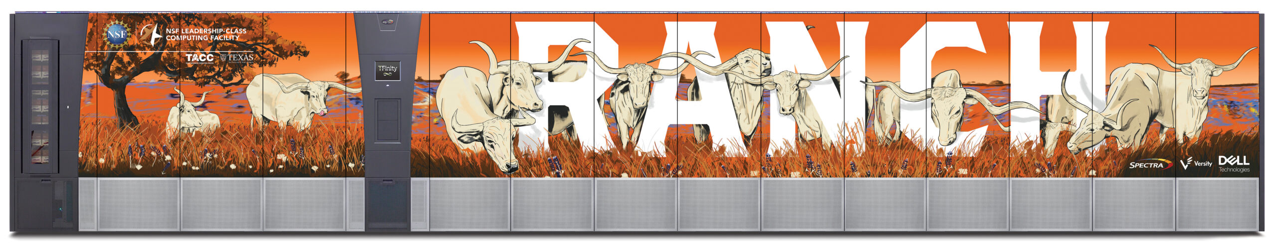 Spectra Logic TFinity Plus library with Texas Longhorn mural powering TACC's RANCH supercomputer for high-density cold data storage
