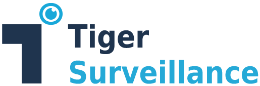 Tiger Surveillance logo featuring a stylized letter T and modern blue typography representing a professional video surveillance and security solutions brand