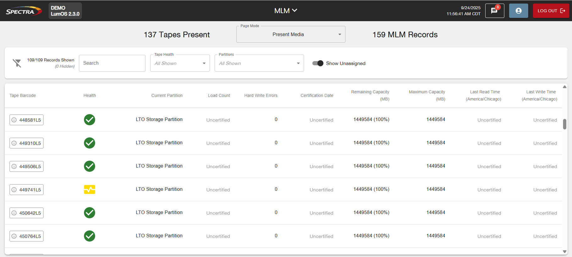 Spectra Logic LumOS 2.3.0 interface displaying LTO tape media inventory, health status, and capacity metrics